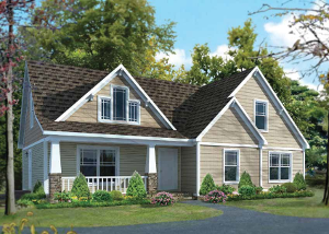 Branson plan with triple dormer windows and brown shingles and white trim