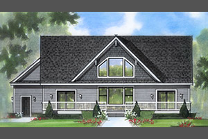 Lavina model with large front porch with blue shingles and custom windows