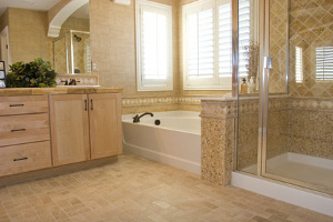 bath with walk-in shower and separate bathtub