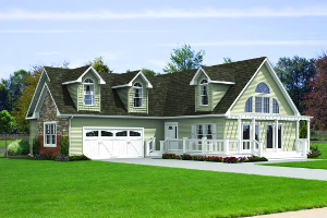 Norwegian L-shaped floor plan with half-round window and three dormers