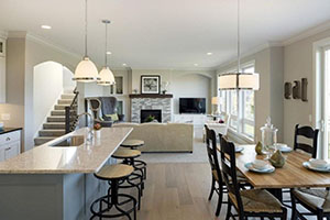 Modern white kitchen open concept to living room